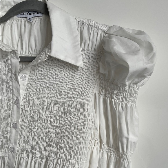 🤍HOST PICK En Saison NWOT White Smocked Blouse Puff Sleeve, Size M - Picture 5 of 11